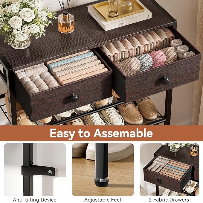 Shoe Rack for Entryway, 5 Tier Shoe Organizer with 2 Non-Woven Drawers, Metal Storage Shoe Shelf for 16-20 Pairs of Shoes, with Wooden Top and Steel Frame, Shoe Stand for Closet Dark Brown-NeatNest