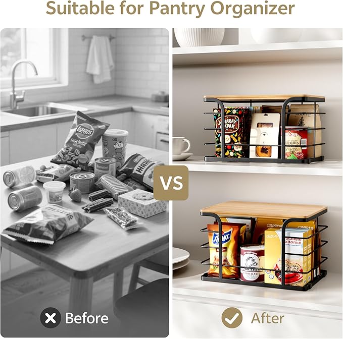 2 Pack Extra Large Stackable Pantry Organizers and Storage,Wall Mount Trash Bag Holder Dispenser with Bamboo Top for Kitchen Laundry Room Organization,Black-NeatNest