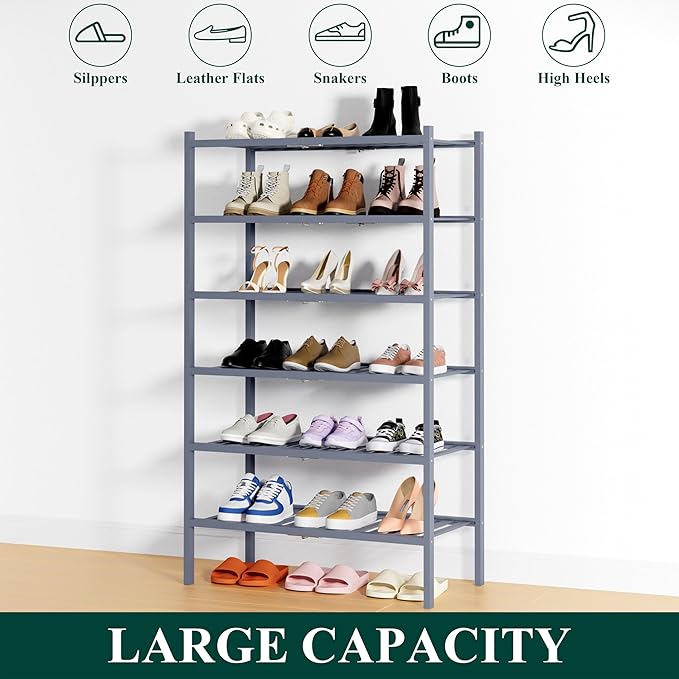 Smiry Shoe Rack, 6 Tier Thick Bamboo Shoe Organizer, Stackable Free Standing Wooden Shoe Storage Shelf for Closet, Entryway, Front Door Entrance, Grey-NeatNest