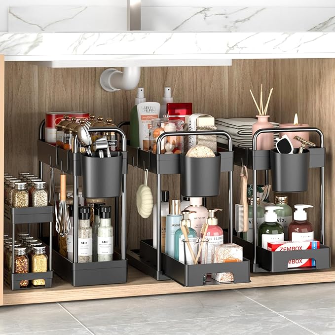 4 Pack Under Sink Organizer and Storage - Stackable 3 Size 2 Tier Bathroom Under the Sink Organizers Multi-Usage Kitchen Cabinet Organizers and Storage Sink Bath Shelf Baskets-NeatNest