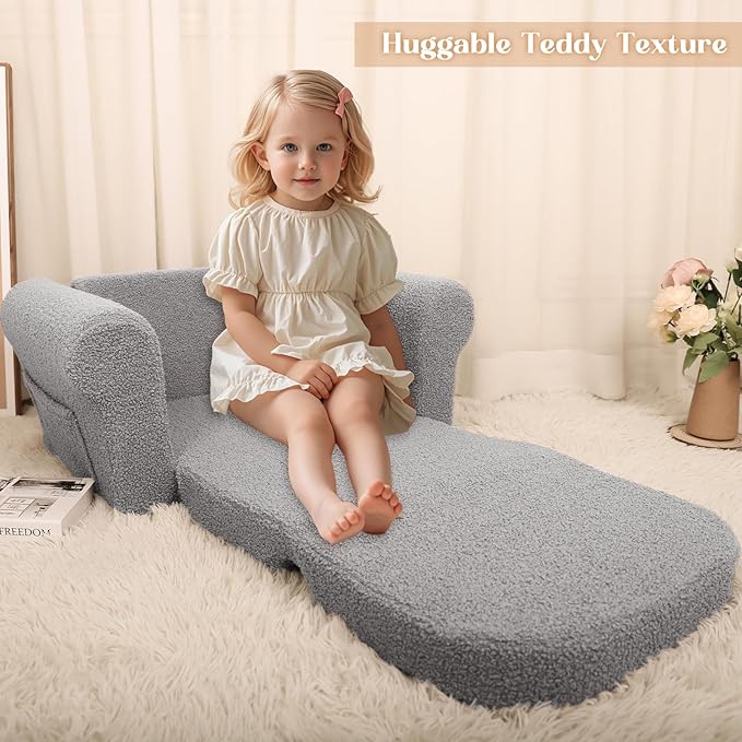 Chairs for Toddler, 2-in-1 Toddler Soft Teddy Couch Fold Out, Convertible Chair to Lounger for Girls and Boys|Safety Certified | Gift for Children (Sky Gray)-NeatNest