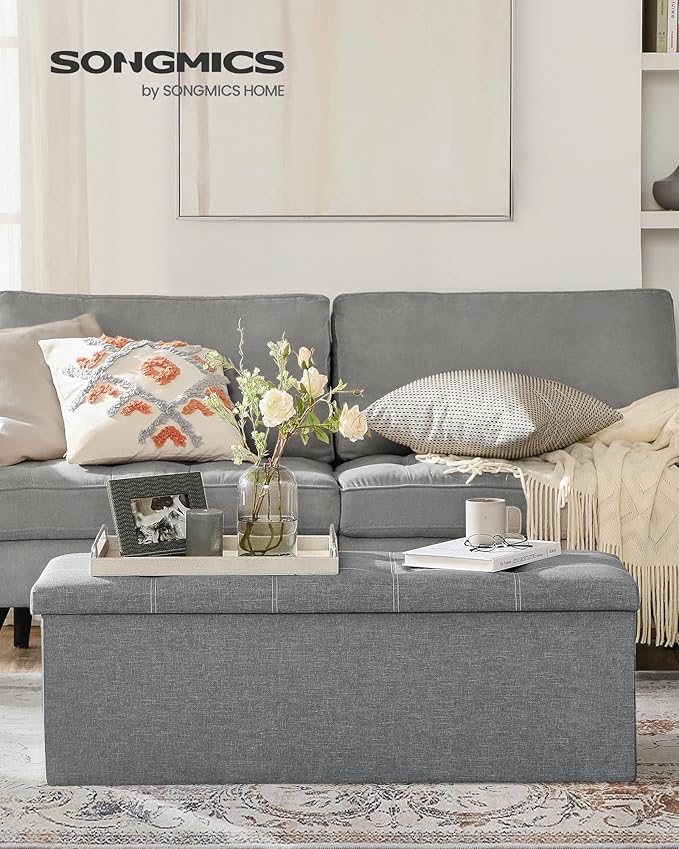 SONGMICS MAZIE Collection - 43 Inches Ottoman Storage Bench, 35 Gal. Folding Chest with Breathable Linen-Look Fabric, Load up to 660 lb, for Entryway, Living Room, Bedroom, Light Gray ULSF077G05-NeatNest