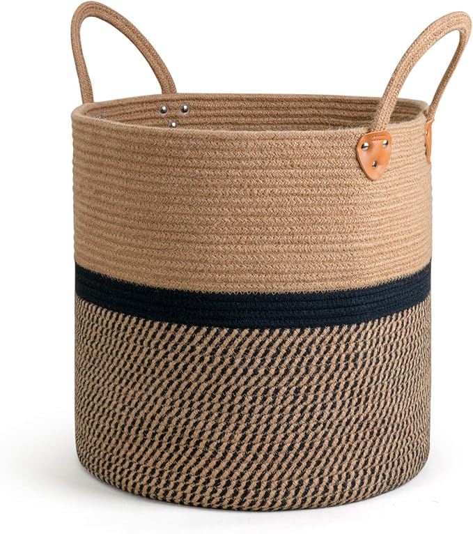 CHICVITA Extra Large Jute Woven Storage Basket with Handles – Laundry Basket Toy Towels Blanket Basket Home Decor Gift, 16" x 16", Black-NeatNest