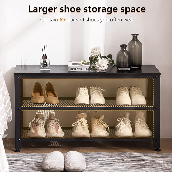 Apicizon Shoe Rack, 35.5 Inches 3-Tier Shoe Rack for Entryway with Long Seat and Metal Shelves for Garage, Industrial Storage Bench with Steel Structure for Living Room, Bedroom, Mudroom, Black-NeatNest