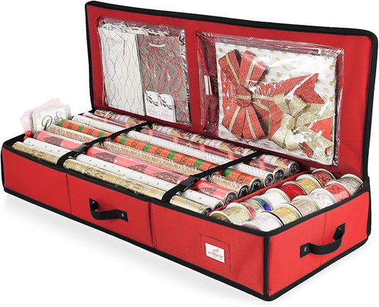 Hearth & Harbor Wrapping Paper Storage Container - Christmas Storage Bag with Interior Pockets - Gift Wrap Organizer Fits Up to 22 Rolls of 40" - Tear Proof, Red-NeatNest