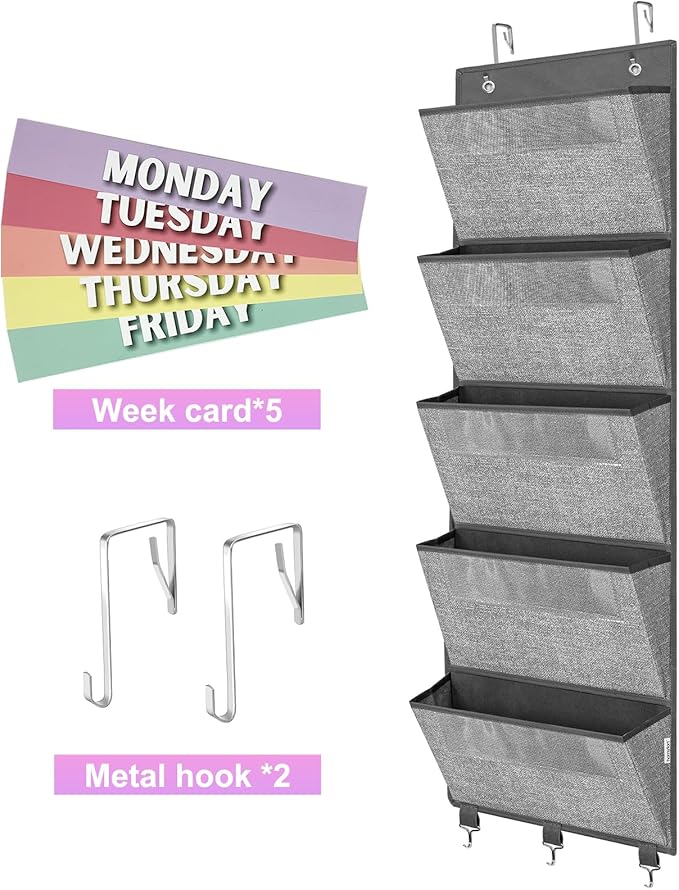 homyfort Over the Door hanging File Organizer, Weekly Hanging File Folders, Wall Organizers and Storage for Mail, Magazine, Notebooks, Office, Classroom, 5 Large Pockets, 50.39” Tall, Grey-NeatNest