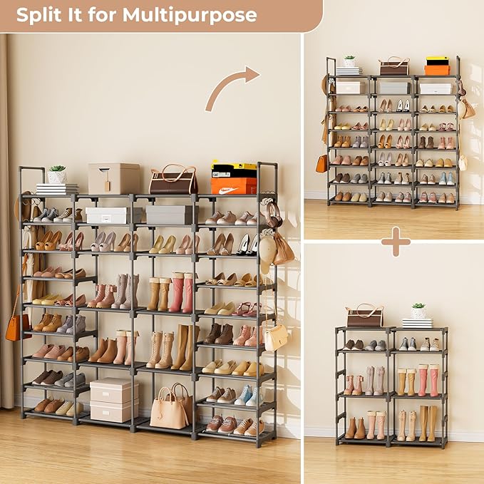 ROJASOP Large Shoe Rack Organizer for Entryway Closet 64-68 Pairs 9-Tier Heavy Duty Tall Garage Shoe Rack Shoe Shelf Shoes Storage with 18 Pcs Removable Side Hooks for Bedroom and Garage Grey-NeatNest