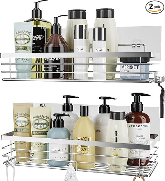 Orimade Shower Caddy with 5 Hooks Organizer for Hanging Razor and Sponge Bathroom Basket Adhesive Shower Shelf Storage Kitchen Rack Wall Mounted No Drilling Rustproof Stainless Steel - 2 Pack