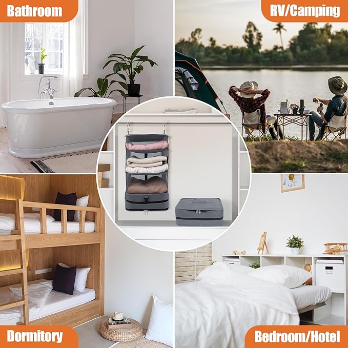 Caroeas Portable Hanging Travel Shelves Bag Suitcase Organizer Carry-on Closet Packing Cubes for Travel, 4-Shelf Suitcase Closet with 2 Hooks, Large Capacity, Gray-NeatNest