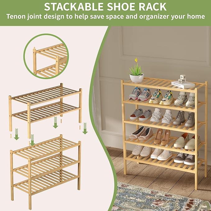 2 Tier Bamboo Shoe Rack for Closet Free Standing Wood Shoe Shelf for Entryway Small Space Stackable 27"x11"x13" (Natural)-NeatNest