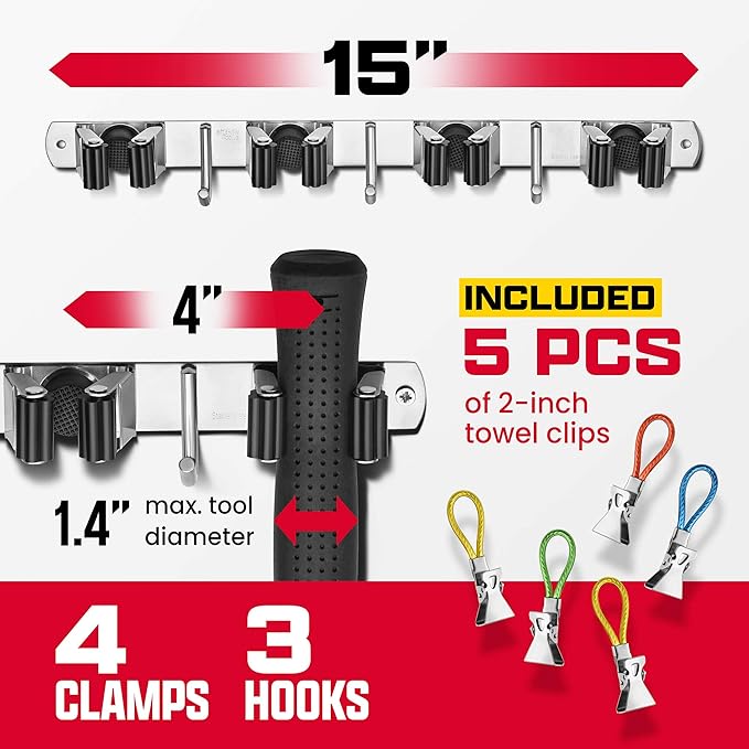 Mop and Broom Holder Wall Mount – Self-Adhesive Stainless Steel broom hanger organizer – 4 Clamps, 3 Hooks, 5 Towel Hanging Clips Mounting Screws – Holds Up to 40 Lbs-NeatNest