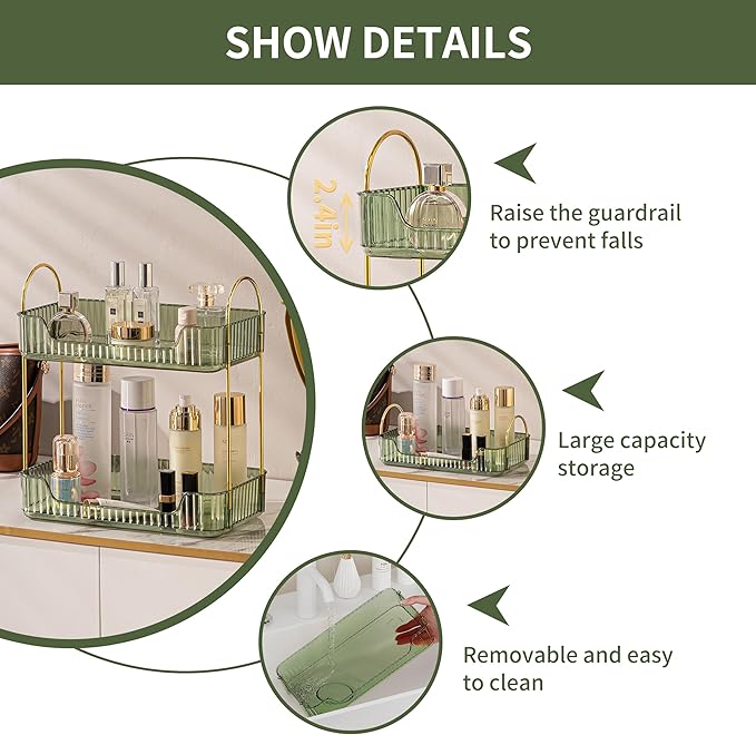 2 Tier Bathroom Organizer Countertop Makeup Perfume Tray Skincare Organizer for Bathroom Dresser Vanity (Green)-NeatNest