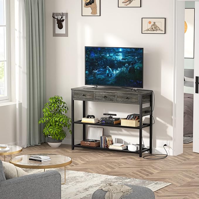 Ecoprsio 47'' Entryway Table with Outlets and USB Ports, Console Table with 3 Drawers, Sofa Table Narrow Long with Storage Shelves for Living Room, Couch, Hallway, Foyer, Kitchen Counter, Grey-NeatNest