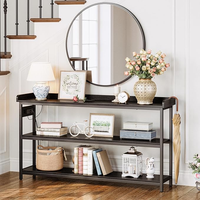 IRONCK Console Table, Sofa Table with Power Outlet, Farmhouse Hallway Table for Entryway, Living Room, Height Adjustable, Easy Assembly, Vintage Black,55"-NeatNest