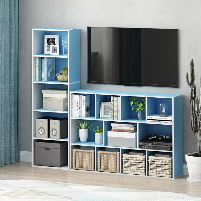Furinno Luder Bookcase / Book / Storage , 5-Tier, White / Light Blue-NeatNest