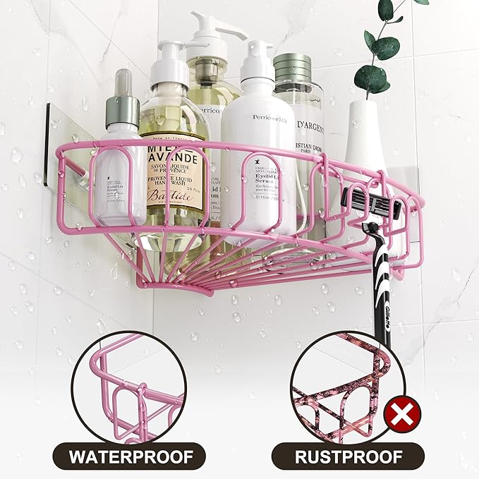 Orimade Corner Shower Caddy with 2 Hooks Wall Mounted Metal Bathroom Shelf Storage Organizer Adhesive No Drilling 2 Pack, Pink Only for 90-Degree Corner