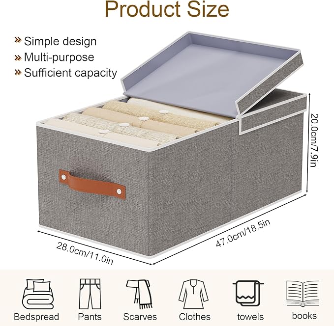3-Pack Storage Boxes, Foldable Blanket Basket with Detachable Lid, Linen Closet 0rganizers with Double Handles, Collapsible Cubes for Organizing, Grey, 18.5 x 11 x 7.9 in-NeatNest