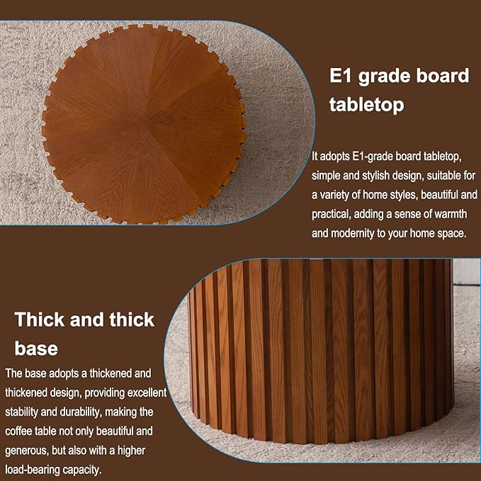 Nesting Coffee Table Set of 2 Wood Circle Drum Coffee Tables Set Contemporary Fluted Coffee Tables for Living Room & Small Space (Dark Wood Grain, 18.9+14.9in)