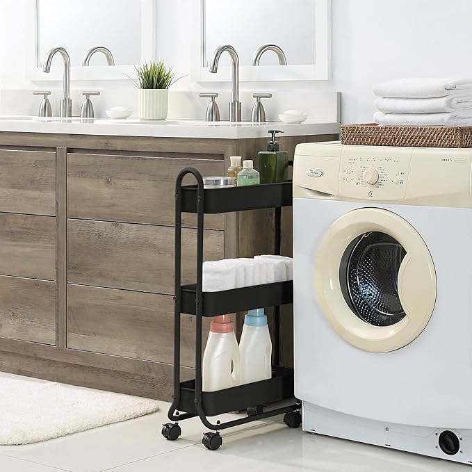 SunnyPoint Slim Rolling Storage Cart, 3 Tier Bathroom Storage Organizer Bathroom, Laundry Utility Cart (Black)-NeatNest