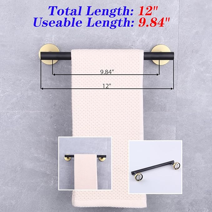 GERZWY 12-Inch Bathroom Towel Bar Modern Round Style SUS 304 Stainless Steel Bath Towel Bar Wall Mount (Black & Gold) AG1101C30.5-BD