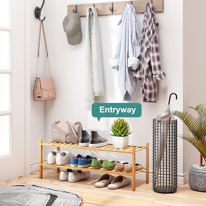 2-Tier Long Shoe Rack for Entryway, Black Bamboo Wood Shoe Rack for Closet & Hallway, Long 33IN | Beautiful | Functional | Sturdy | Durable-NeatNest