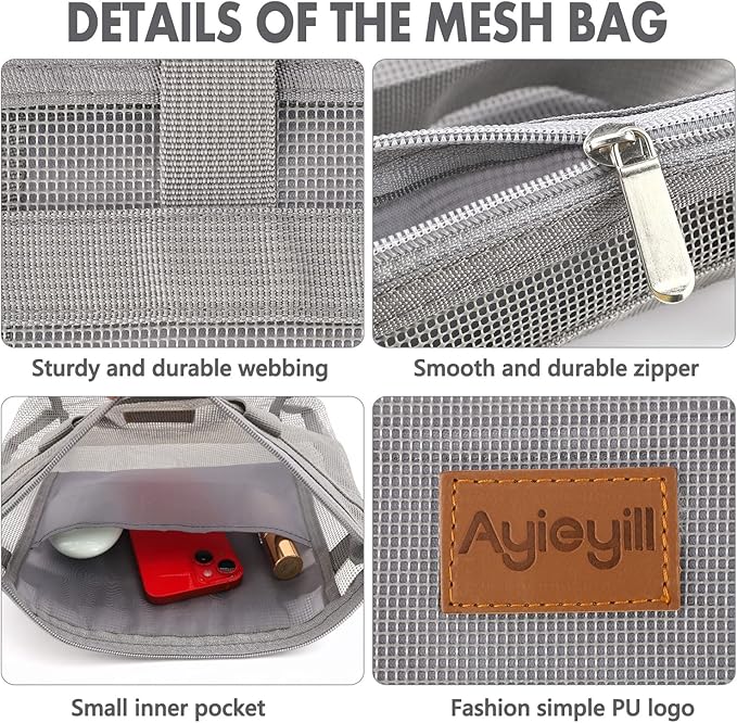 Ayieyill Shower Caddy Portable, Mesh Shower Caddy Tote Bag Quick Dry Hanging Toiletry and Bath Organizer for College Dorm, Gym, Beach, Travel or Camping with Zipper (Grey)-NeatNest
