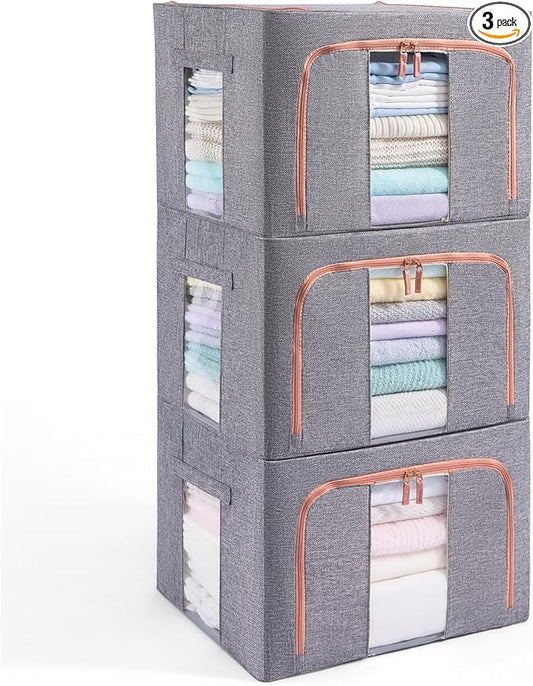 3 Pack 24L Stackable Clothes Storage Bins with Metal Frame Handles & Zipper, Collapsible Closet Organizer Box with Lid for Bedding Blankets Towel (Grey)-NeatNest