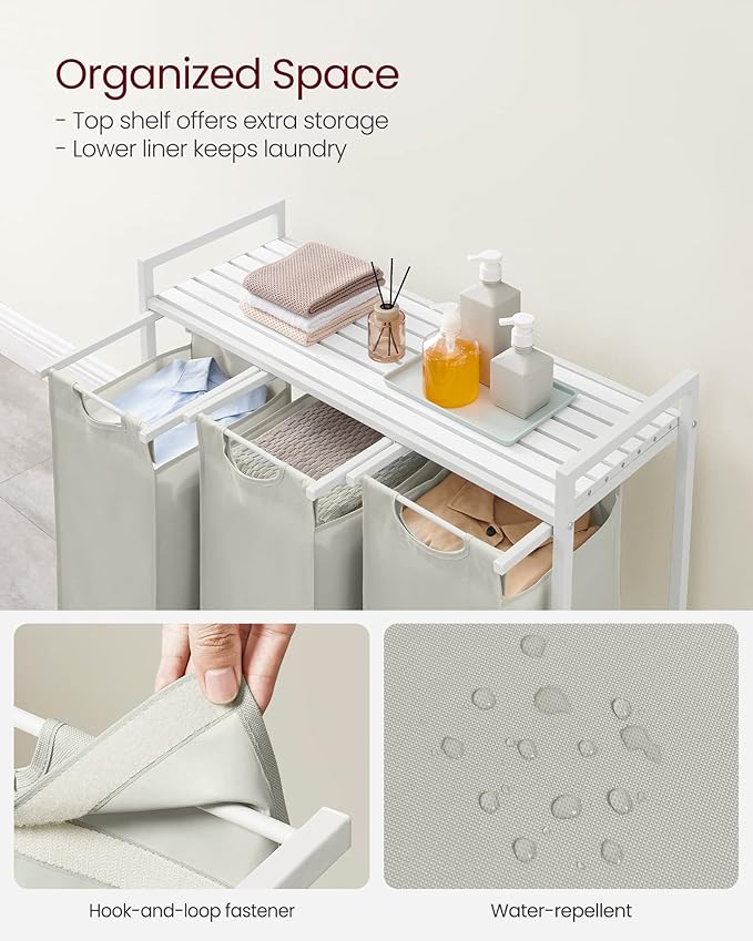 VASAGLE Laundry Hamper, Laundry Basket, Laundry Sorter with 3 Pull-Out and Removable Bags, Shelf, Metal Frame, 3 x 10.6 Gallons (40 L), 36.4 x 13 x 28.4 Inches, Cream White and Cloud White UBLH301W01-NeatNest