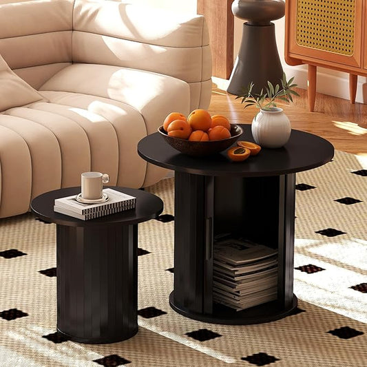 Nesting Coffee Table Set of 2 with Hidden Storage & Sliding Door, Circle Wood Coffee Table, Farmhouse Side & End Table Sets for Living Room, Small Spaces, Black