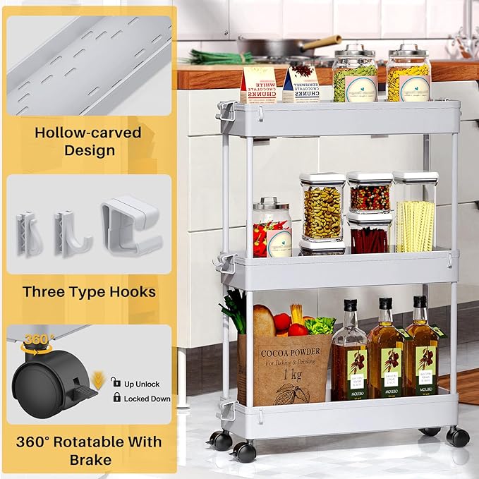 SPACEKEEPER Slim Rolling Storage Cart, 3 Tier Storage Organizer Laundry Room Organizer Mobile Shelving Unit, Multi-Purpose for Kitchen Office Bathroom Laundry Narrow Places, Gray-NeatNest