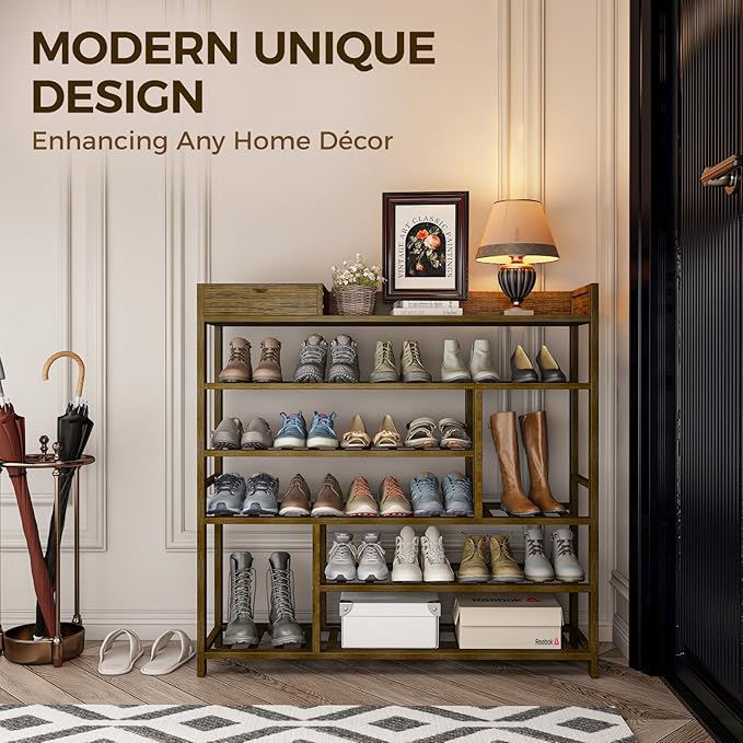 Bamworld Shoe Rack for Front Door Entrance Bamboo Shoe Organizer with Storage Box Free Standing Shoe Cabinet Wooden Shoe Storage Shelf for entryway, Closet and Doorway (Dark Brown)-NeatNest
