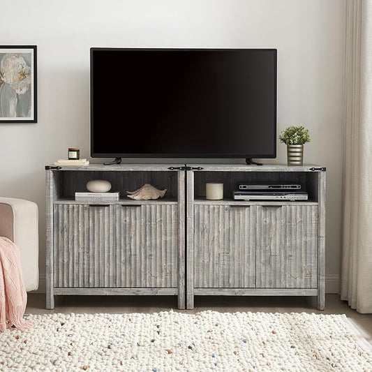 32 Inch Fluted Sideboard Buffet Cabinet with Storage, Modern Farmhouse Accent Credenza with Adjustable Shelves, Coffee Wine Bar Organizer for Kitchen, Living Room (Grey, Set of 2)