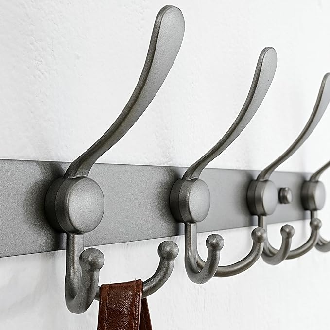 Dseap Coat Rack Wall Mounted - 5 Tri Hooks, Heavy Duty, Stainless Steel, Metal Coat Hook Rail for Coat Hat Towel Purse Robes Mudroom Bathroom Entryway,Grey-NeatNest