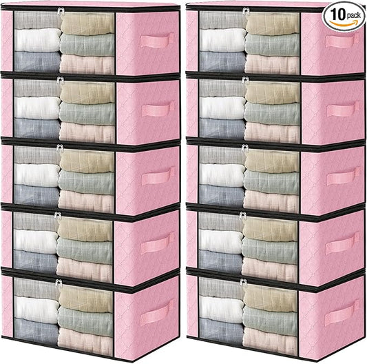 HomeHacks Storage 10-Pack Clothes Organizer Storage Bags Foldable Storage Box with Large Clear Window Sturdy Handles for Closet, Dorm, Pillows, Bedding, Clothes, Blankets, 35L, Pink-NeatNest