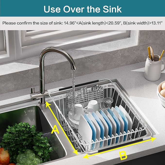 Large Dish Drying Rack in Sink Expandable, Adjustable304 Stainless Steel Metal Dish DrainerRack Organizer with Stainless Steel Utensil Holder Over Inside Sink Counter, Rustproof