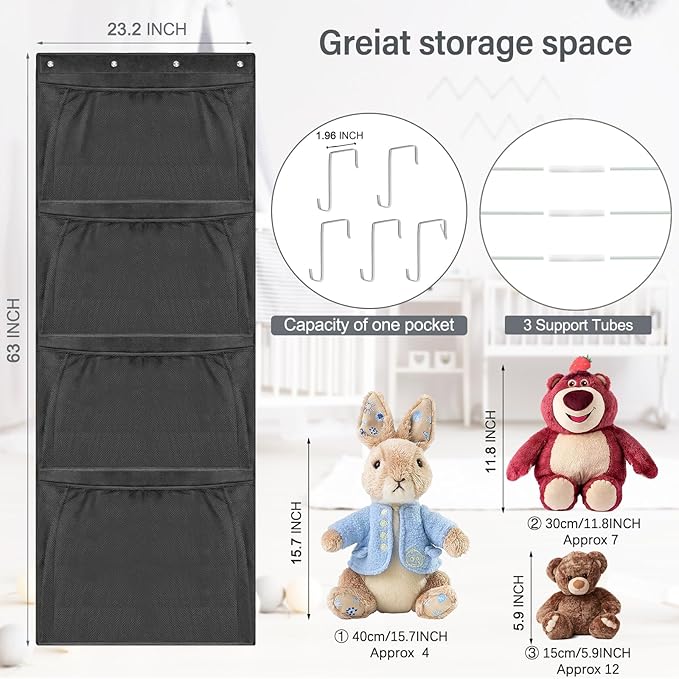 Hanging Stuffed Animal Storage, Over Door Large Plush Toy Organizer with Metal Hook, Baby Accessory Holder Idea for Nursery, Doll & Bear Mesh Hammock Bag for Girl Boy Kid Room-NeatNest