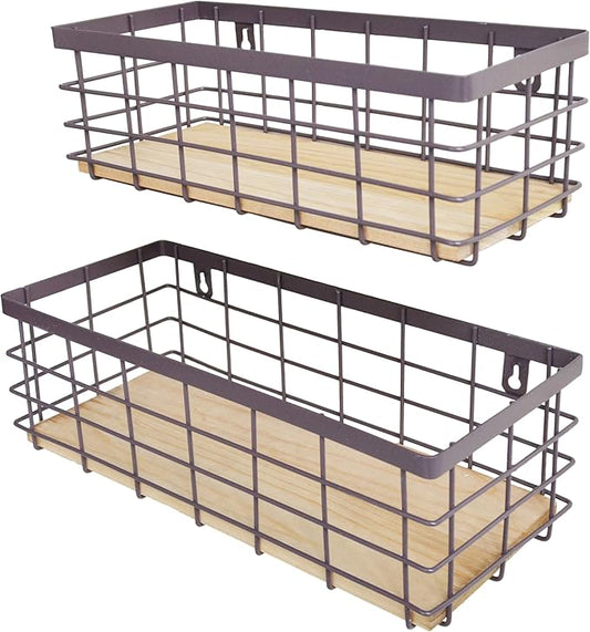 Metal Wire Basket Detachable Wood Base Storage Organizer Farmhouse Bin for Kitchen Cabinets, Bathroom, Pantry, Laundry Room, Closets Set of 2,Brown Color