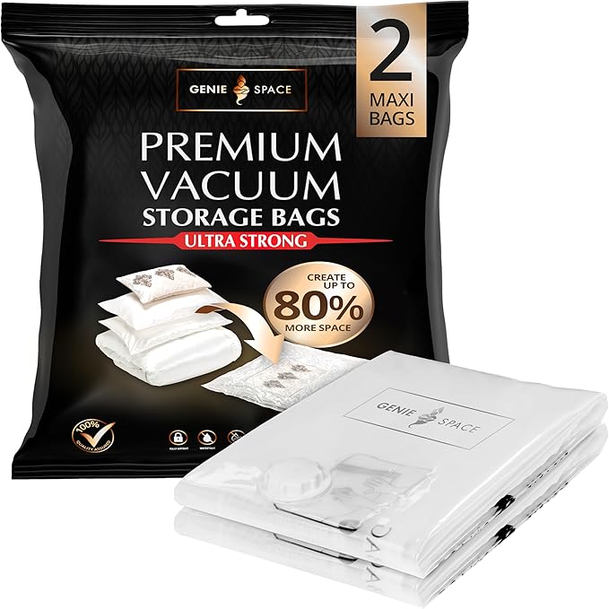 GENIE SPACE Max Vacuum Bags - Pack of 2, Max Size | Strong XXL Jumbo Space Saving Storage Bag, 43x35in | Premium Airtight & Reusable Vacuum Bag for Duvets, Curtains, Clothes, Coats, Jumpers & Pillows-NeatNest