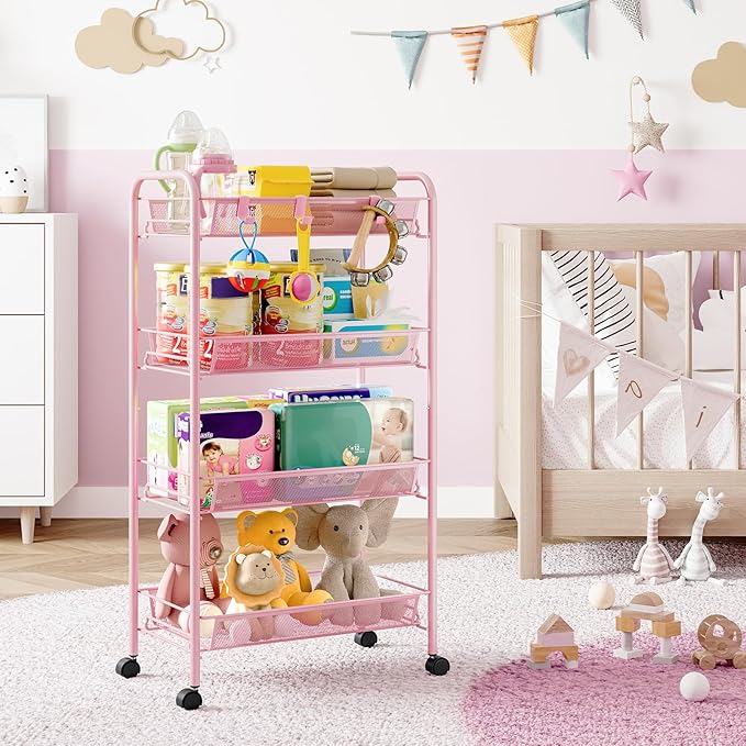 4-Tier Metal Utility Cart, Mesh Wire Rolling Cart on Wheels, Storage Trolley with Easy Assembly, Organizer Craft Cart 3 Hooks, Mobile Shelving Unit for Bathroom, Laundry Room, Home