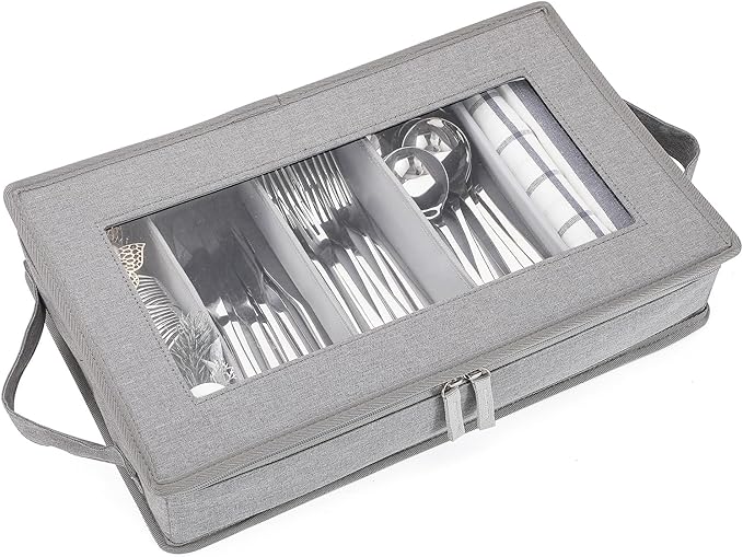 Joyfol Day Flatware Utensil Storage Case, Grey Silverware Storage Box Chest with Adjustable Dividers, Removable Cutlery Storage Holder with Zipper Lid for Organizing Spoon/Flatware/Knives-NeatNest