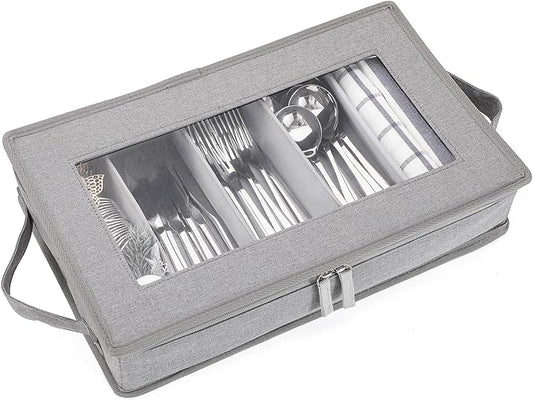 Joyfol Day Flatware Utensil Storage Case, Grey Silverware Storage Box Chest with Adjustable Dividers, Removable Cutlery Storage Holder with Zipper Lid for Organizing Spoon/Flatware/Knives-NeatNest