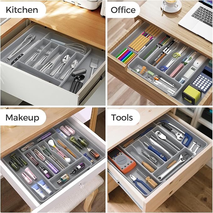 Extra Large Expandable Silverware Organizer, BPA-Free Food-Safe Cutlery Flatware Organizer, Kitchen Utensil Drawer Organizer, Adjustable Silverware Holder for Spoons Forks Knives, Gray-NeatNest