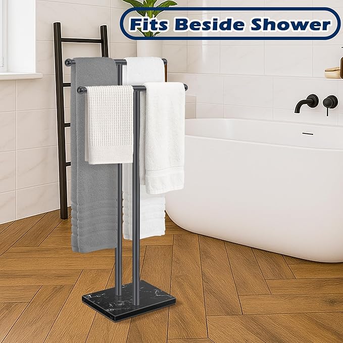 Freestanding Towel Rack with Marble Base,2-Tier Standing Towel Racks for Bathroom,Stable BathTowel Holder for Bathroom Accessories, Black