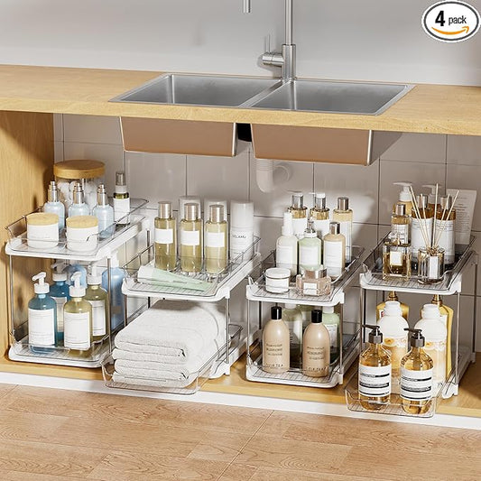 Delamu 4 Sets of 2-Tier Multi-Purpose Bathroom Under Sink Organizers and Storage, Stackable Kitchen Pantry Organization, Pull Out Medicine Cabinet Organizer with 8 Movable Dividers-NeatNest