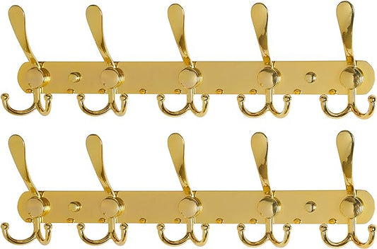 Dseap Coat Rack Wall Mounted - 5 Tri Hooks, Heavy Duty, Stainless Steel, Metal Coat Hook Rail for Coat Hat Towel Purse Robes Mudroom Bathroom Entryway (Gold, 2 Packs)-NeatNest
