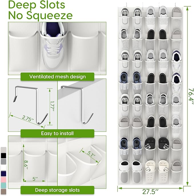 Unjumbly Over the Door Shoe Organizer with 40 Large Breathable Mesh Pockets, Space Saving Shoe Holder, Hanging Shoe Rack for Entryway Bedroom Closet Storage (White, 40 Pockets)-NeatNest