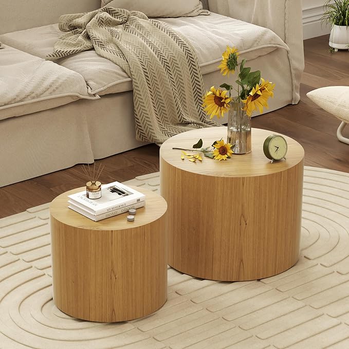 Nesting Coffee Table Set of 2, Round Wooden Coffee Tables Modern Circle End Table Side Tables for Small Spaces Living Room, Bedroom, Balcony, Office, Wood Color