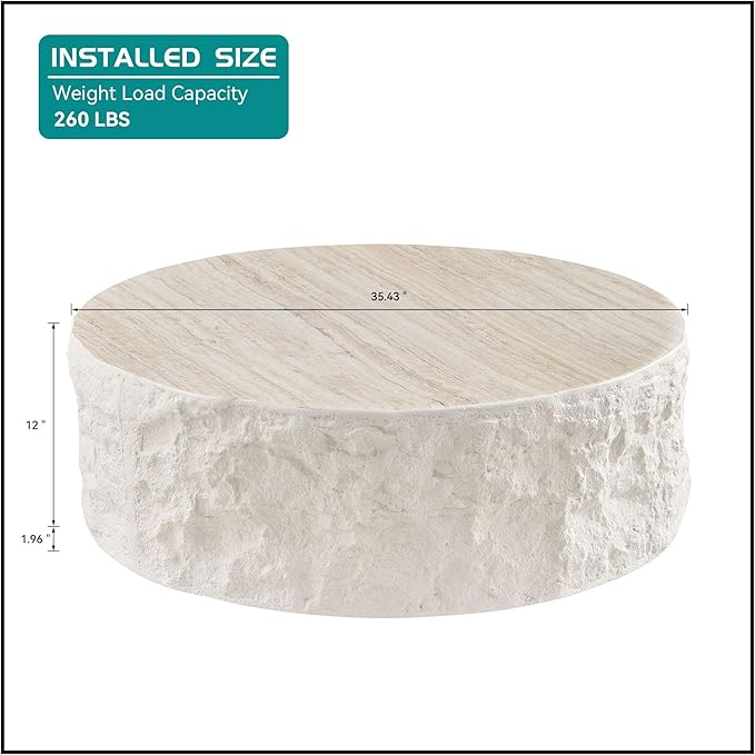 kevinplus ø35.43'' Round Coffee Table for Living Room, Modern Drum Circle Coffee Table, Fiberglass Material, No Assembly, Beige