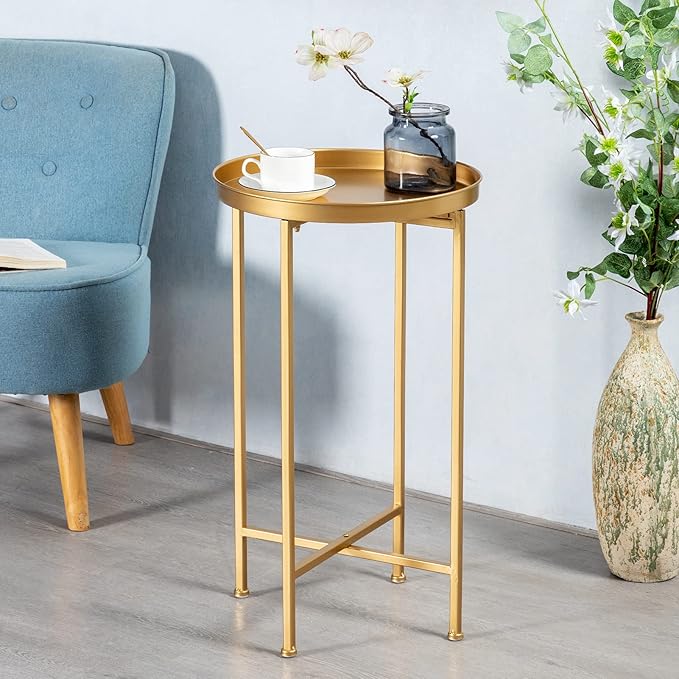 HollyHOME Small Round Metal Waterproof End Table, Accent Indoor&Outdoor Side Table, Sofa Table for Living Room, Anti-Rust Decorative Plant Stand, (D) 14.5" x (H) 25", Golden-NeatNest