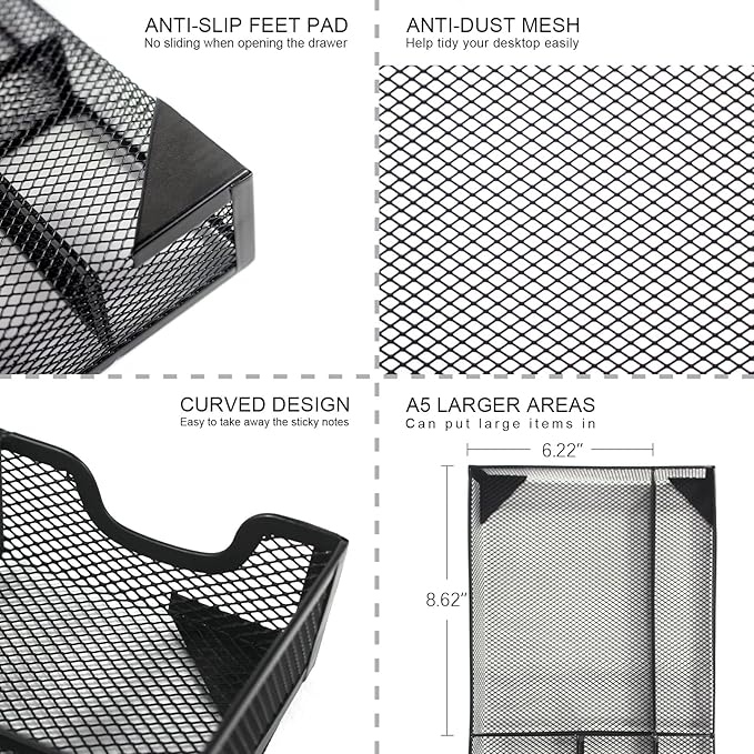 Desk Drawer Organizer Tray, 5 Compartments Metal Mesh Drawer Organizer Tray, Pen Pencil Desk Organizers and Accessories for Office Supplies, School & Makeup, 12.3 x 8.4 x1.7inch, Black-NeatNest